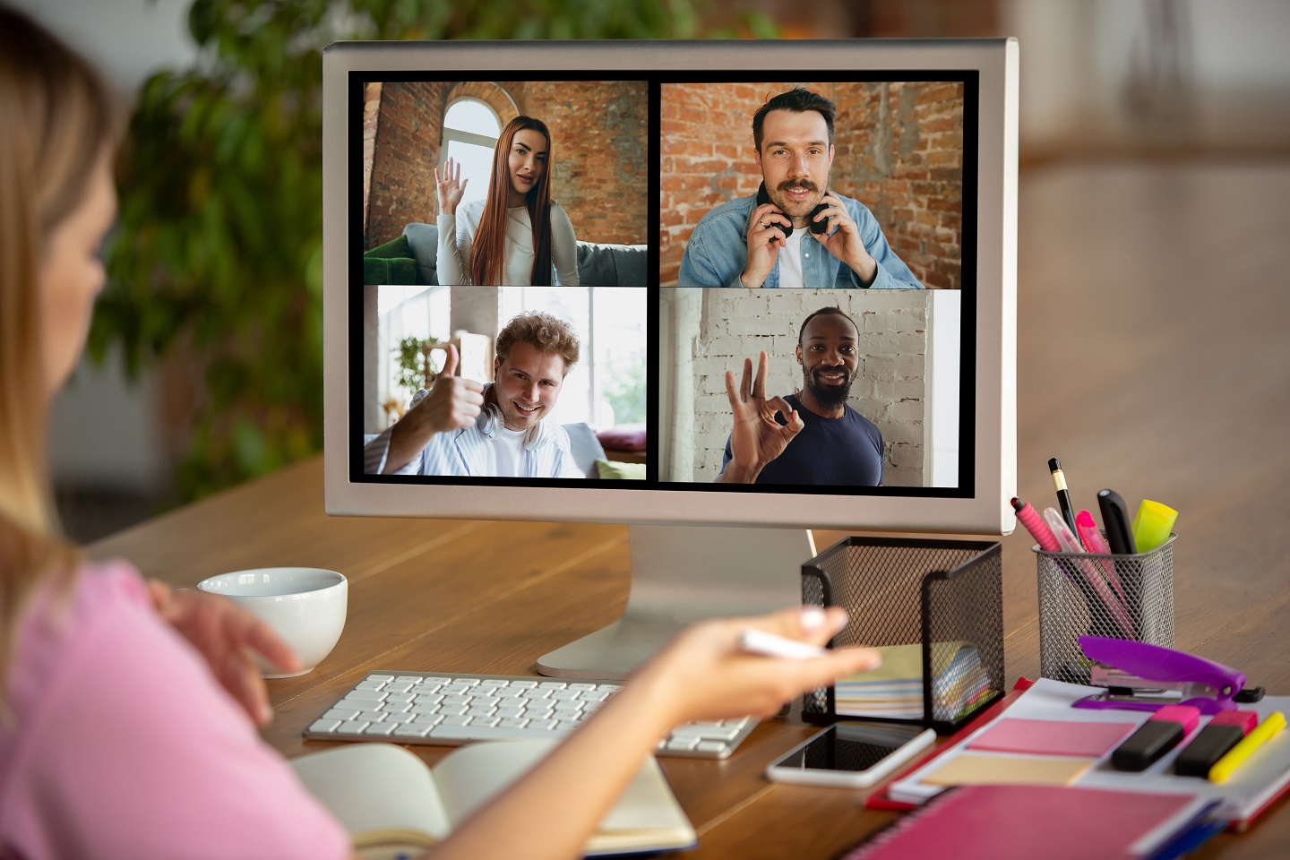 Remote meeting. woman working from home during coronavirus or covid 19 quarantine, remote office concept.